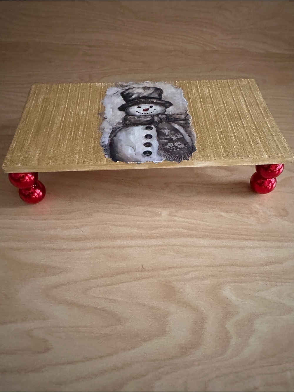 Hand crafted Holiday Snowman Decorative Gold Display Stand shelf